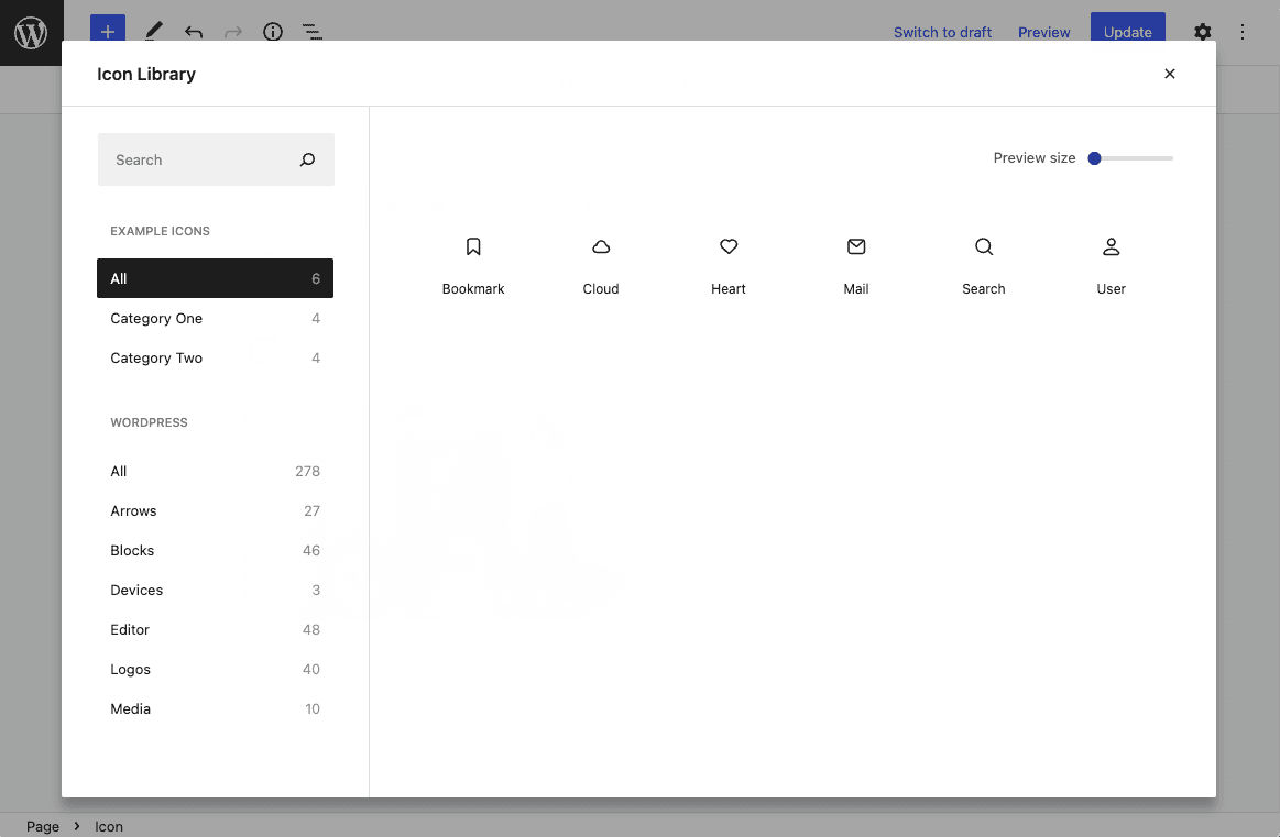 Example Icons in the Icon Block inserter modal.