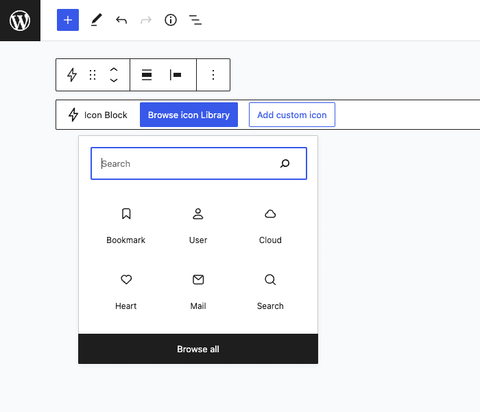 Example Icons in the Icon Block quick inserter.
