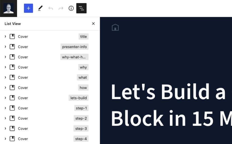 The anchor links for each slide are visible in the List View.