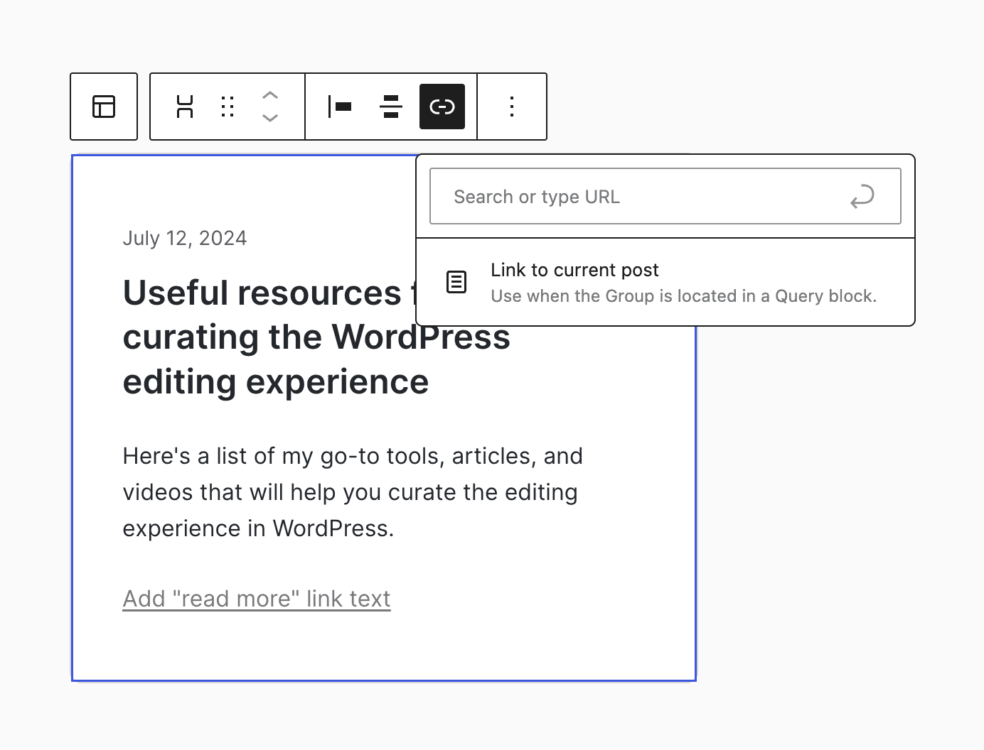 The Editor view of the Enable Linked Group blocks plugin.
