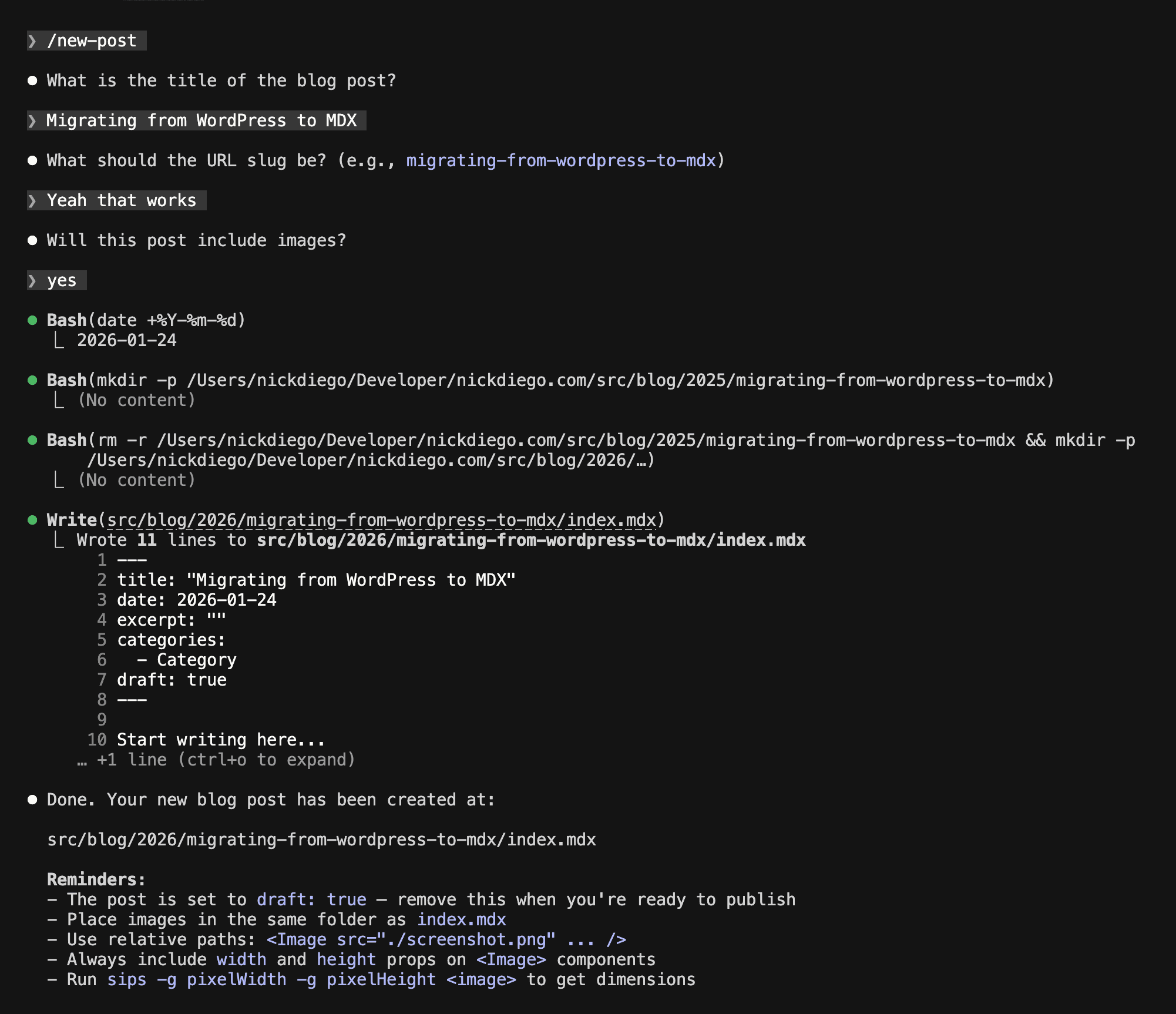 Invoking the /new-post skill in Claude Code.