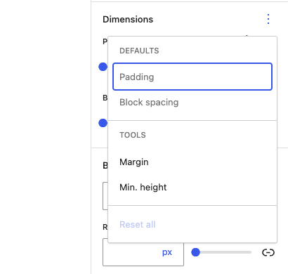 The Dimensions panel for the Group block in Gutenberg 14.8.